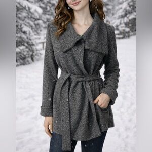 Talbots Collared Cardigan Sweater Jacket S Small Belt Black Silver Gray